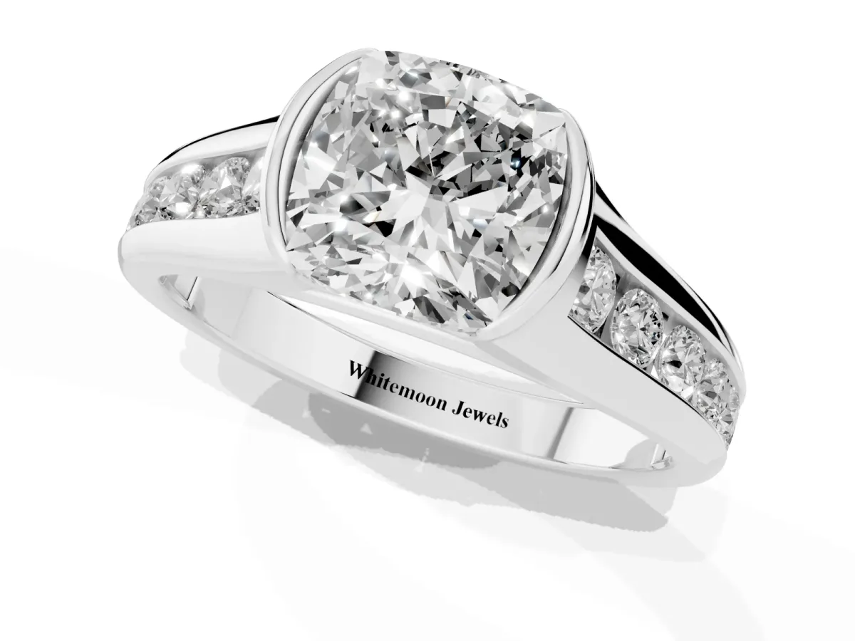 Cushion Cut Solitaire Bezel-Set Diamond Ring with Channel-Set Band Silver