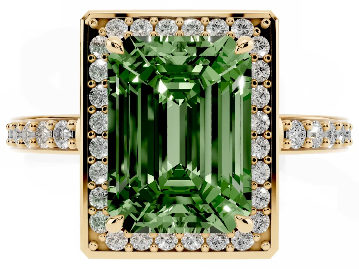 Fancy Green Emerald Cut Halo Pave Band Solitaire Ring with Prong Setting Yellow gold
