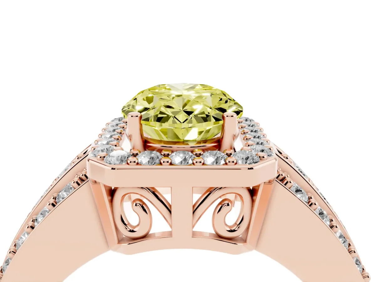 Fancy Yellow Oval Cut Halo Diamond Ring with Round Split Shank and Prong Setting Rose gold