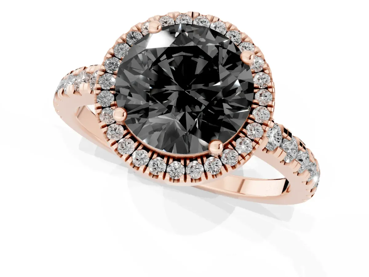 Fancy Black Round Cut Diamond Halo Ring with Pavé Band and Four-Prong Setting Rose gold