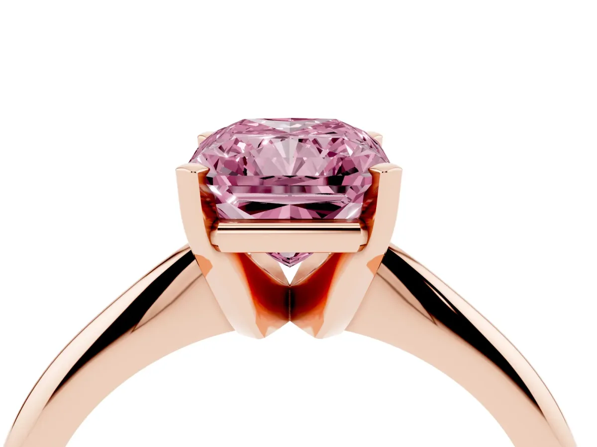 Fancy Pink Radiant Cut Cut Solitaire Ring with Four-Prong Setting on a Classic Band Rose gold