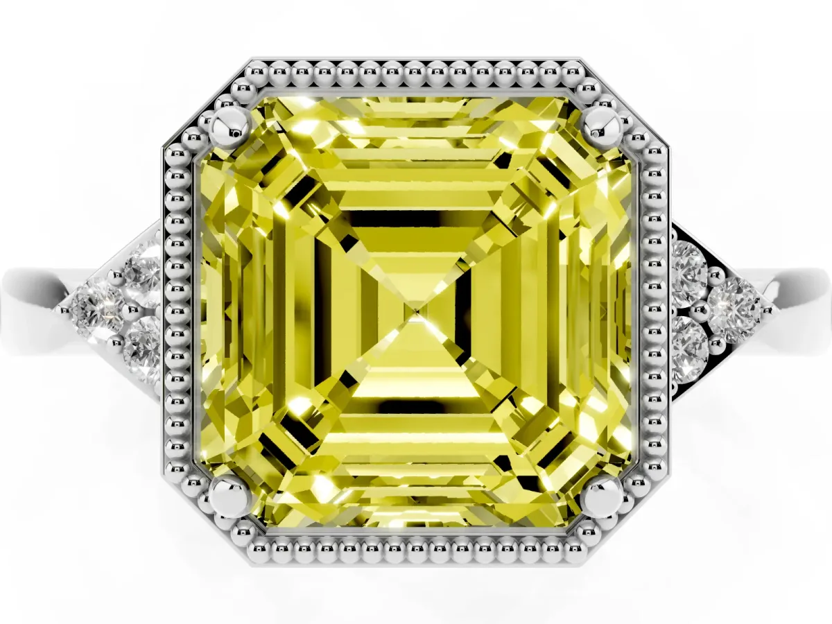 Fancy Yellow Hexagonal Halo Asscher Cut Diamond Solitaire with Pavé Band and Four-Prong Setting Platinum