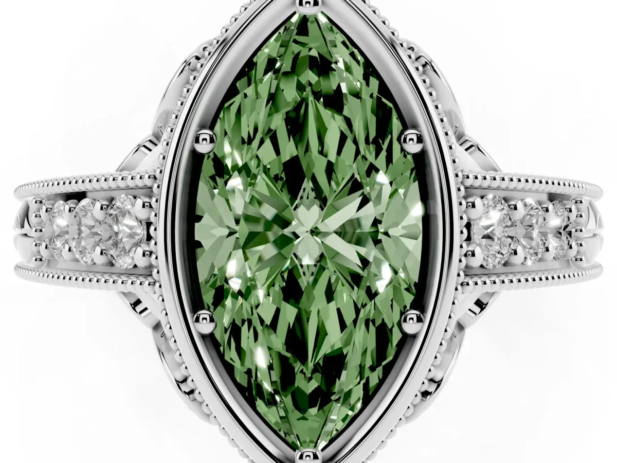 Fancy Green Bezel Set Marquise Cut Diamond Milgrain Pave Engagement Ring Silver