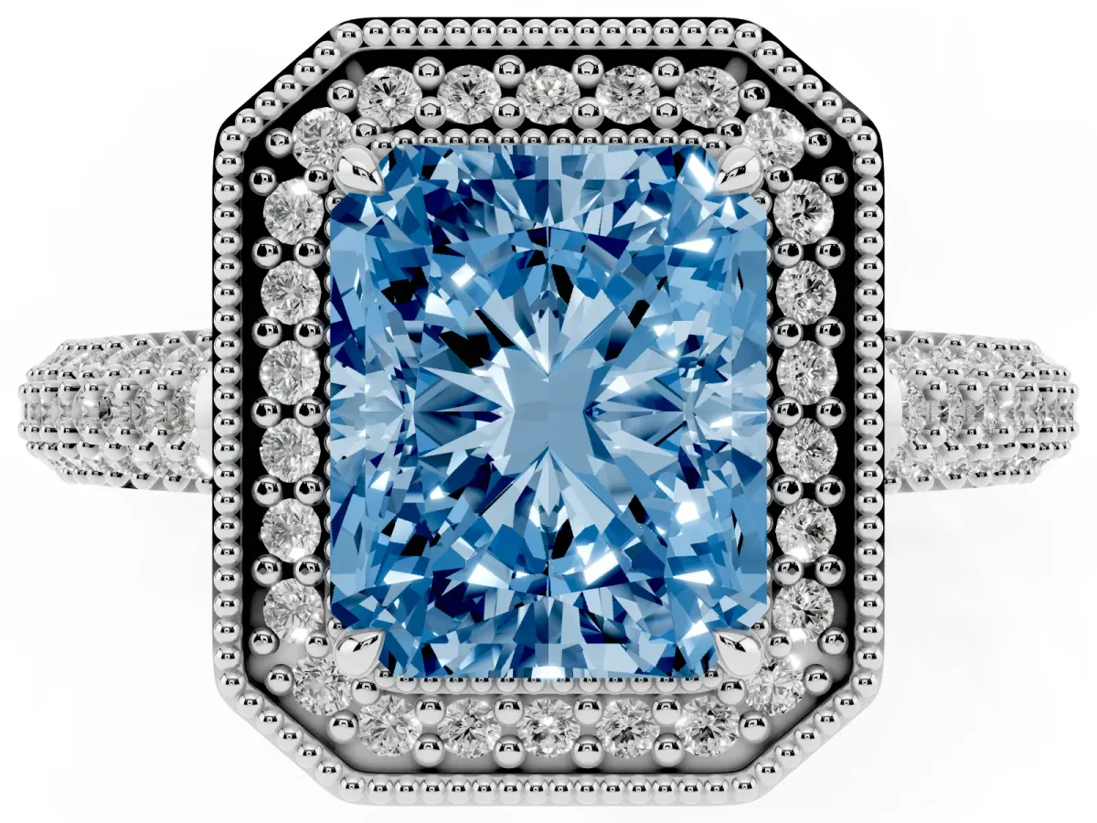 Fancy Blue Radiant Cut Cut Halo Diamond Pave Band with Four-Prong Setting Platinum