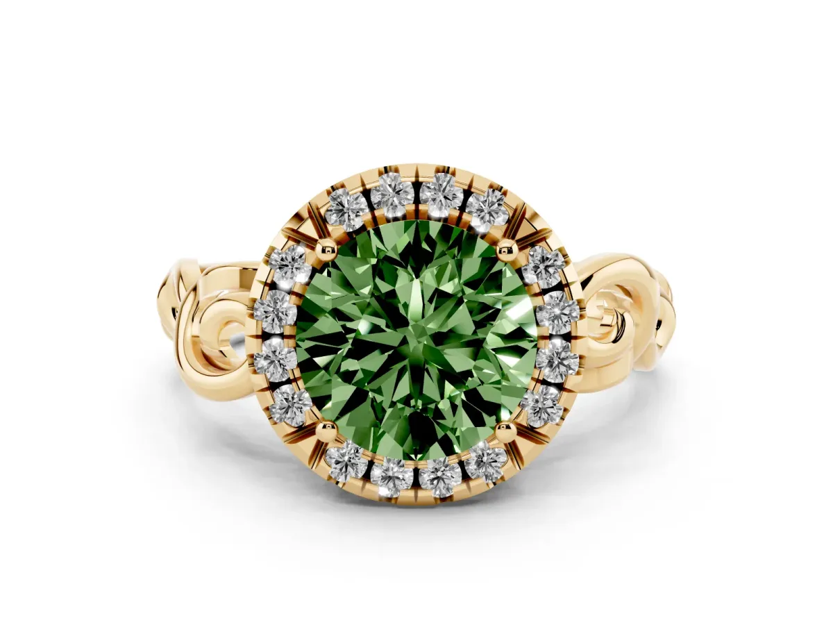 Fancy Green Round Cut Cut Halo Diamond Ring with Scrollwork Band and Four-Prong Setting Yellow gold