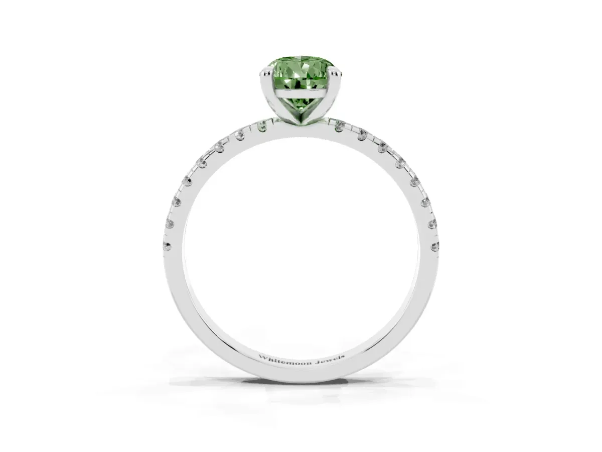 Fancy Green Pear Cut Diamond Brilliant Solitaire Ring with Pavé Band and Four-Prong Setting White gold