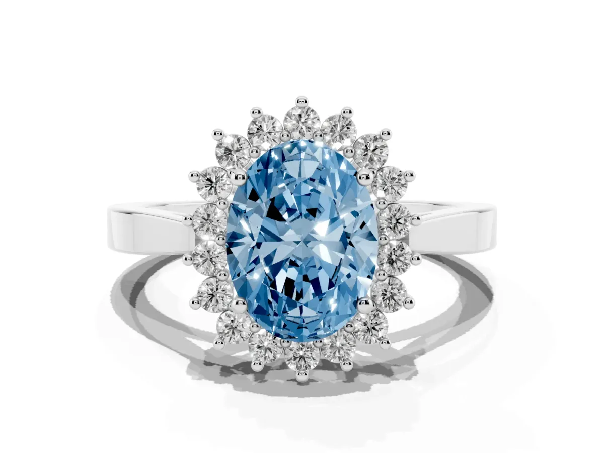 Fancy Blue Oval Cut Cut Diamond Halo Ring with Round Brilliant Halo and Solitaire Band Silver