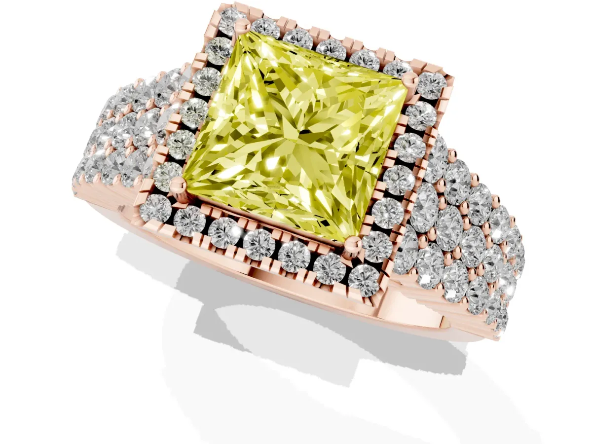 Fancy Yellow Princess Cut Diamond Halo Engagement Ring with Triple Row Round Pavé Band and Prong Setting Rose gold