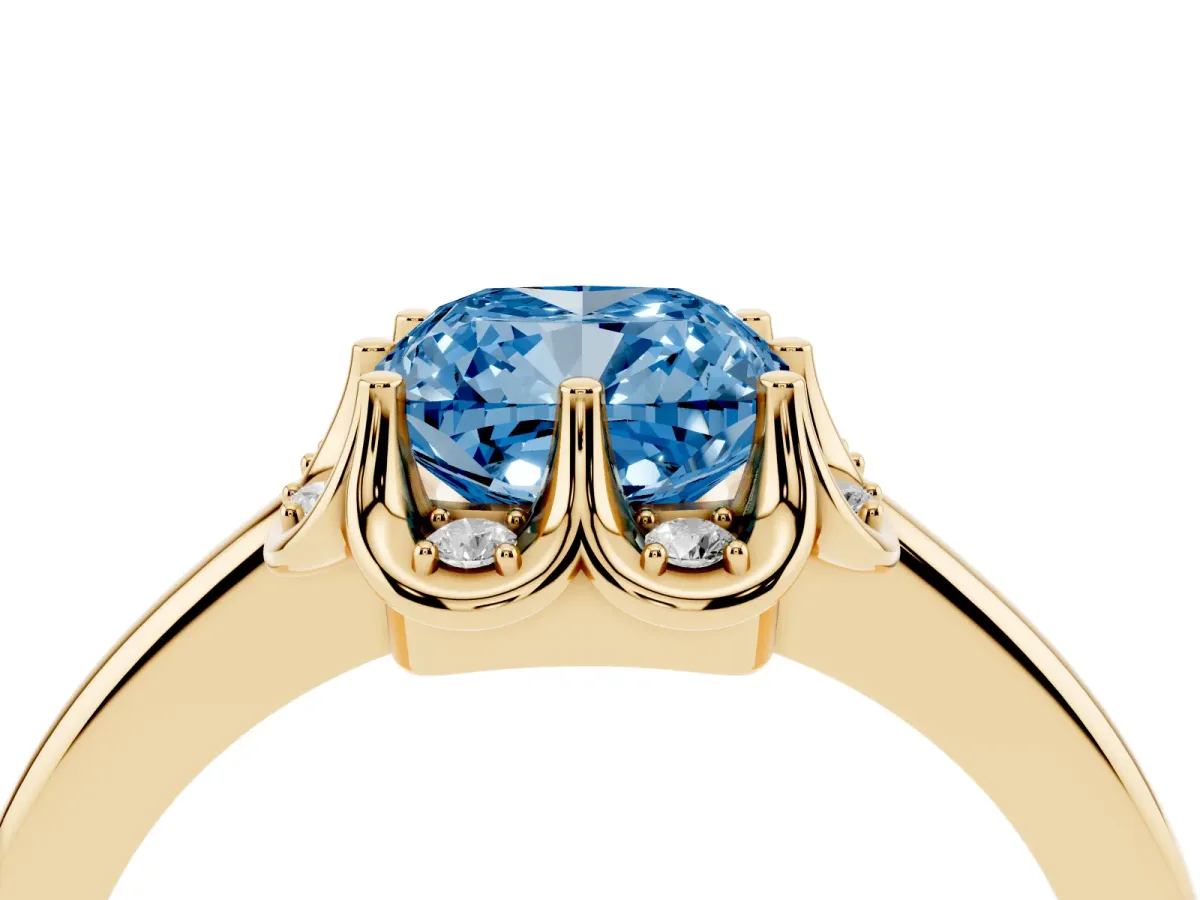 Fancy Blue Cushion Cut Halo Diamond Ring with Round Cluster Setting, Solitaire Band, and Four-Prong Setting Yellow gold