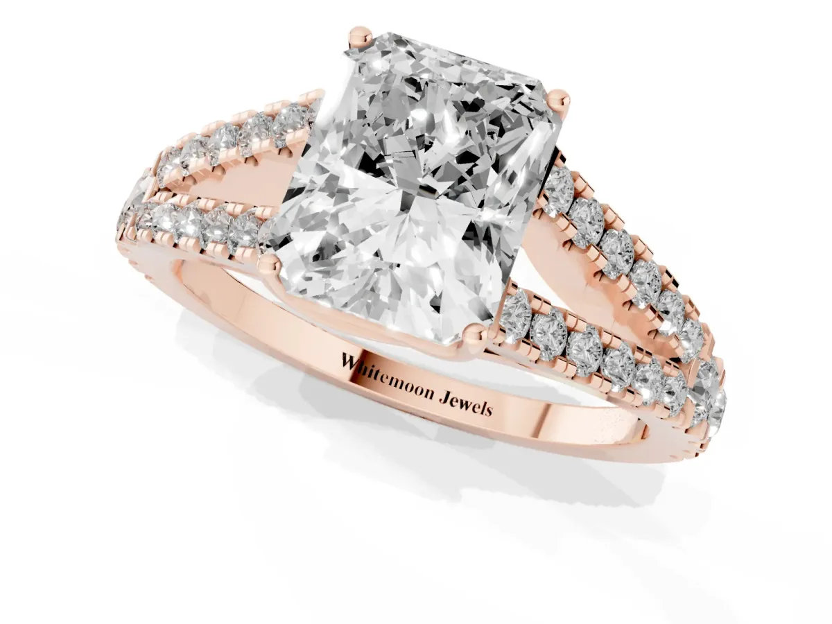Radiant Cut Diamond Split Shank Pavé Engagement Ring with Four-Prong Setting Rose gold