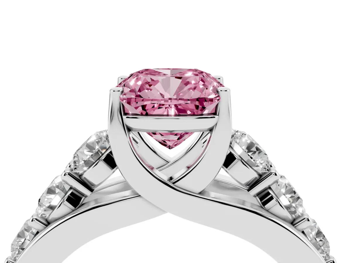 Fancy Pink Cushion Cut Diamond Engagement Ring with Pavé Band and Four-Prong Setting Silver