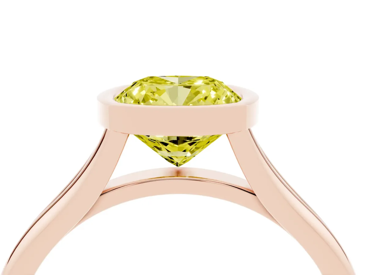 Fancy Yellow Bezel Set Cushion Cut Cut Solitaire Ring with Tapered Band Rose gold