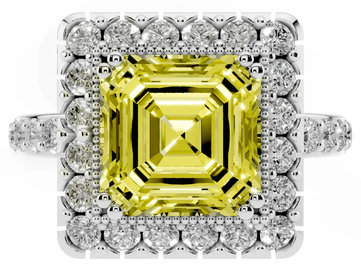 Fancy Yellow Asscher Cut Diamond Halo Ring with Pavé Band and Prong Setting Platinum