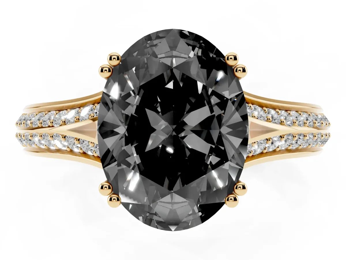 Fancy Black Oval Cut Diamond Split Shank Engagement Ring with Pavé Band Yellow gold
