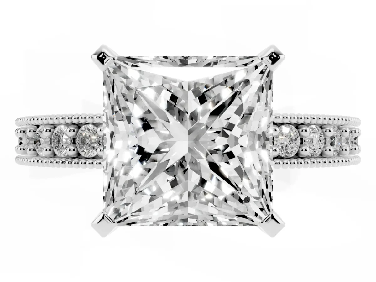 Princess Cut Diamond Milgrain Pavé Engagement Ring with Four-Prong Setting Platinum