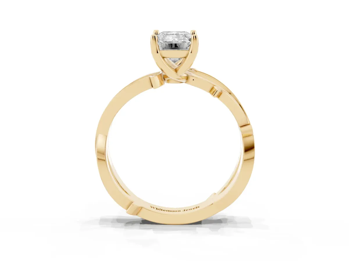 Emerald Cut Solitaire Twist Band with Pavé Accents and Four-Prong Setting Yellow gold