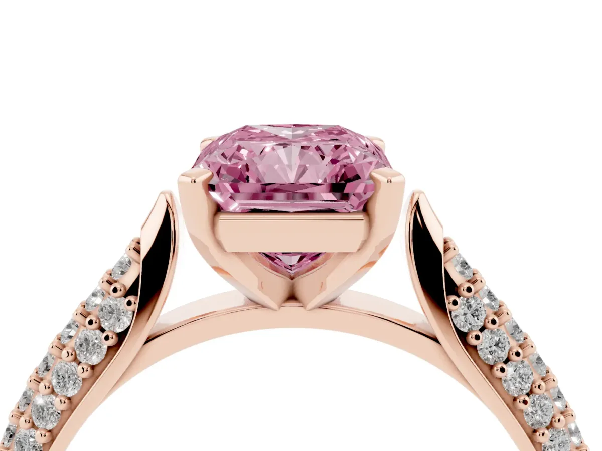 Fancy Pink Radiant Cut Diamond Solitaire Engagement Ring with Multi-Row Round Pavé Band and Prong Setting Rose gold