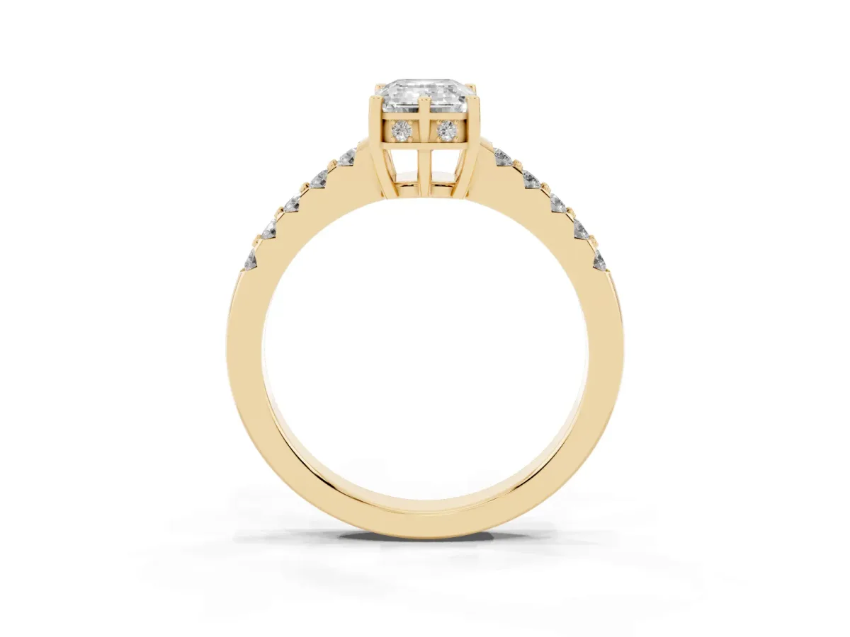 Emerald Cut Solitaire Diamond Engagement Ring with Pavé Band and Six-Prong Setting Yellow gold