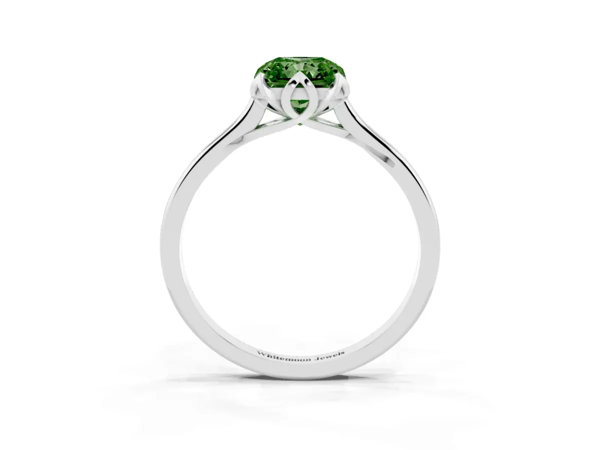 Fancy Green Radiant Cut Diamond Solitaire Ring with Flower Prong Setting and Classic Band Silver