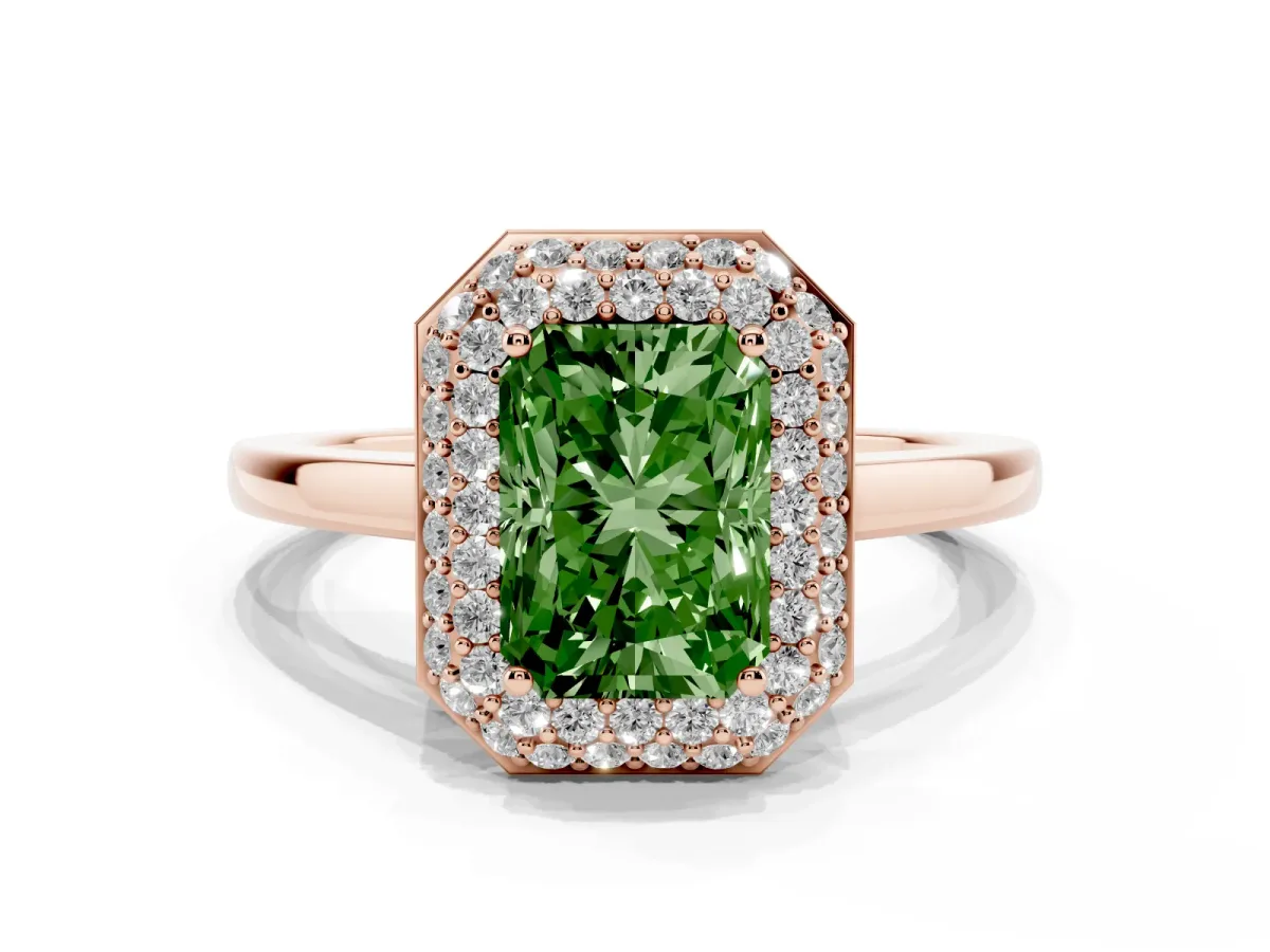 Fancy Green Radiant Cut Halo Diamond Engagement Ring with Solitaire Band and Four-Prong Setting Rose gold