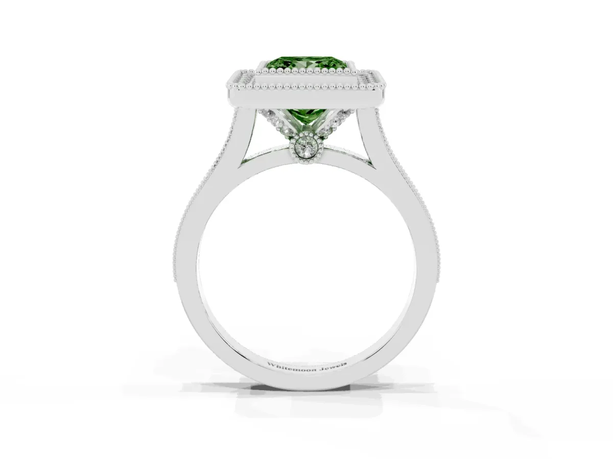 Fancy Green Princess Cut Diamond Halo Ring with Milgrain Frame and Pavé Band Platinum