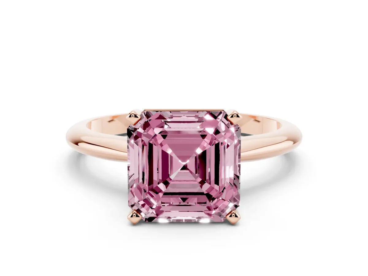Fancy Pink Asscher Cut Cut Solitaire Ring with Four-Prong Setting on a Classic Band Rose gold