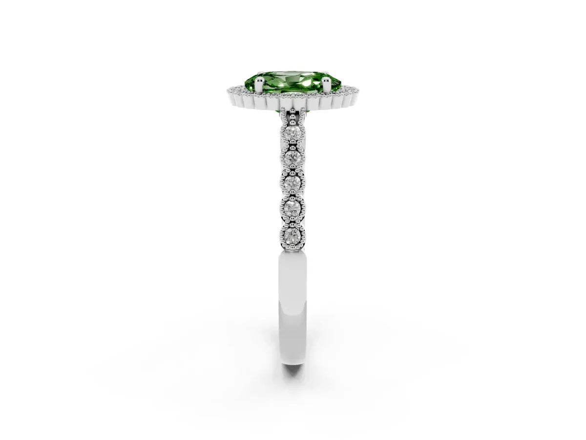 Fancy Green Oval Cut Cut Halo Pavé Solitaire Ring with Milgrain Band Silver