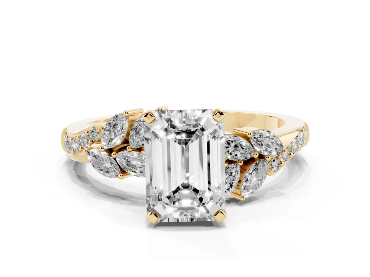 Emerald Cut Solitaire Marquise Twist Band with Six-Prong Setting Yellow gold