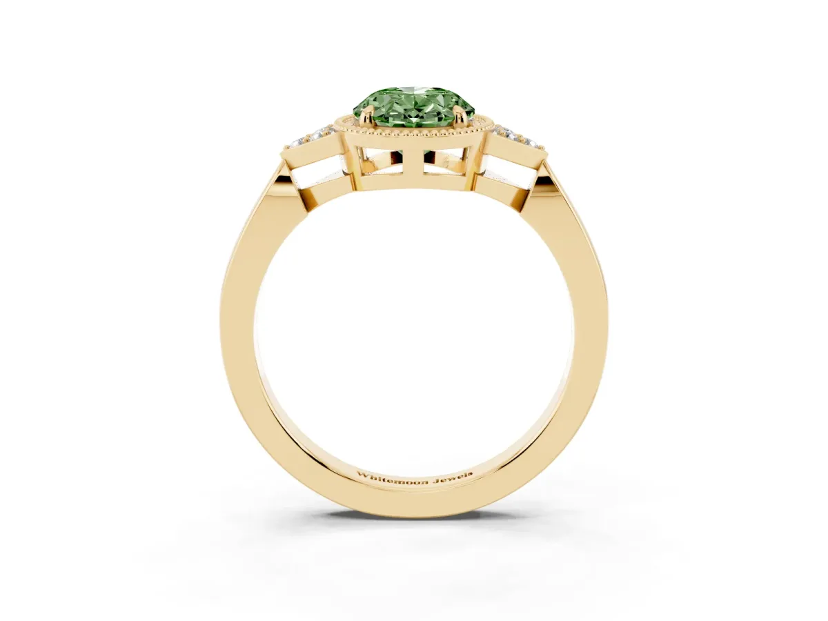 Fancy Green Oval Cut Diamond Halo Ring with Tapered Band and Four-Prong Setting Yellow gold