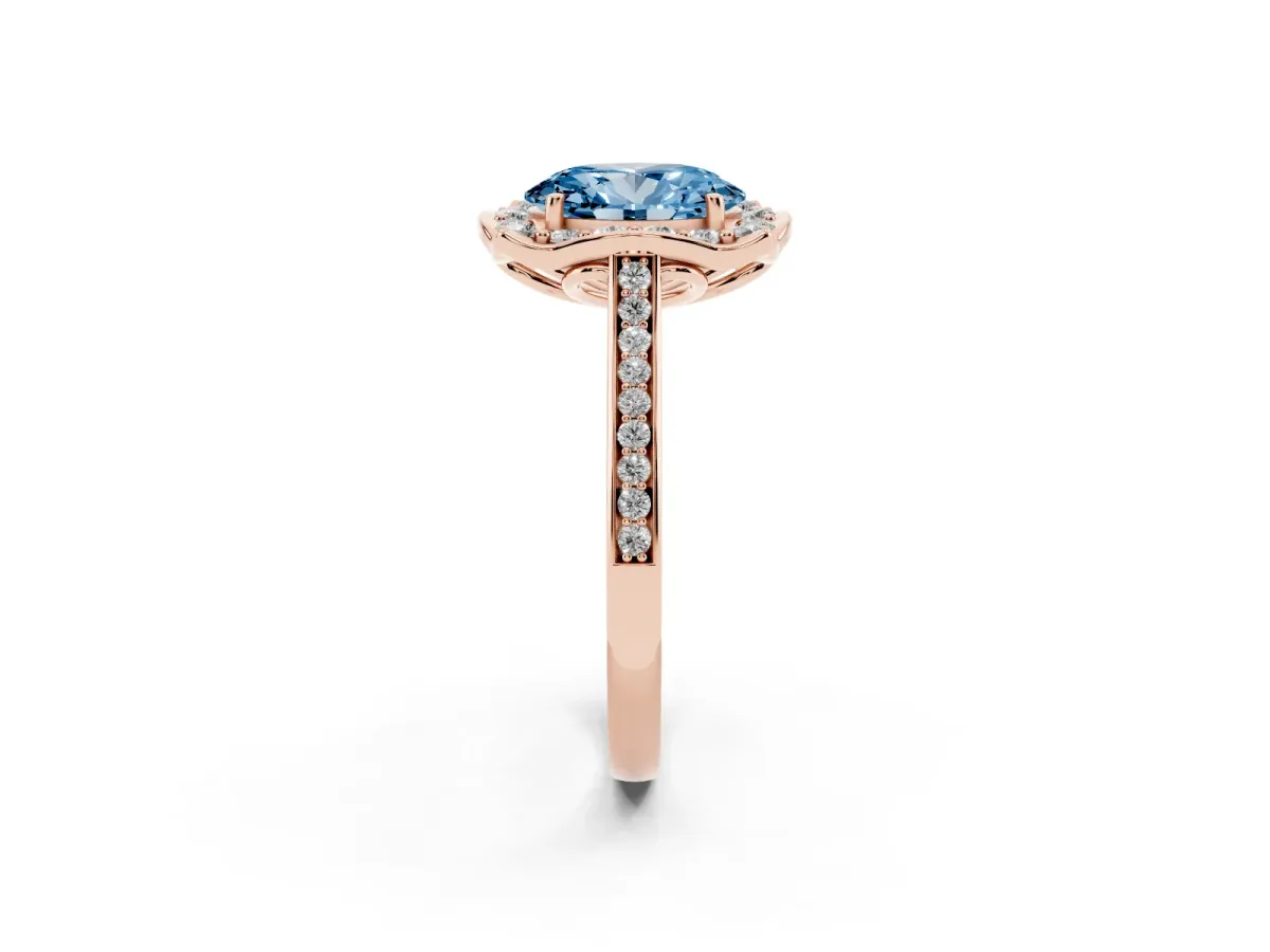 Fancy Blue Oval Cut Halo Round Diamond Pave Band with Four-Prong Setting Rose gold