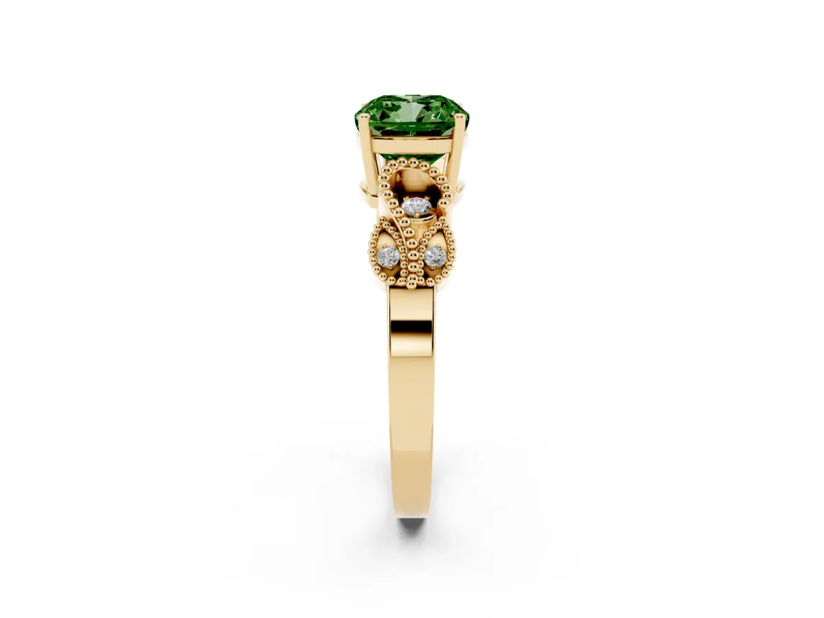 Fancy Green Cushion Cut Solitaire Milgrain Leaf Band with Prong Setting Yellow gold