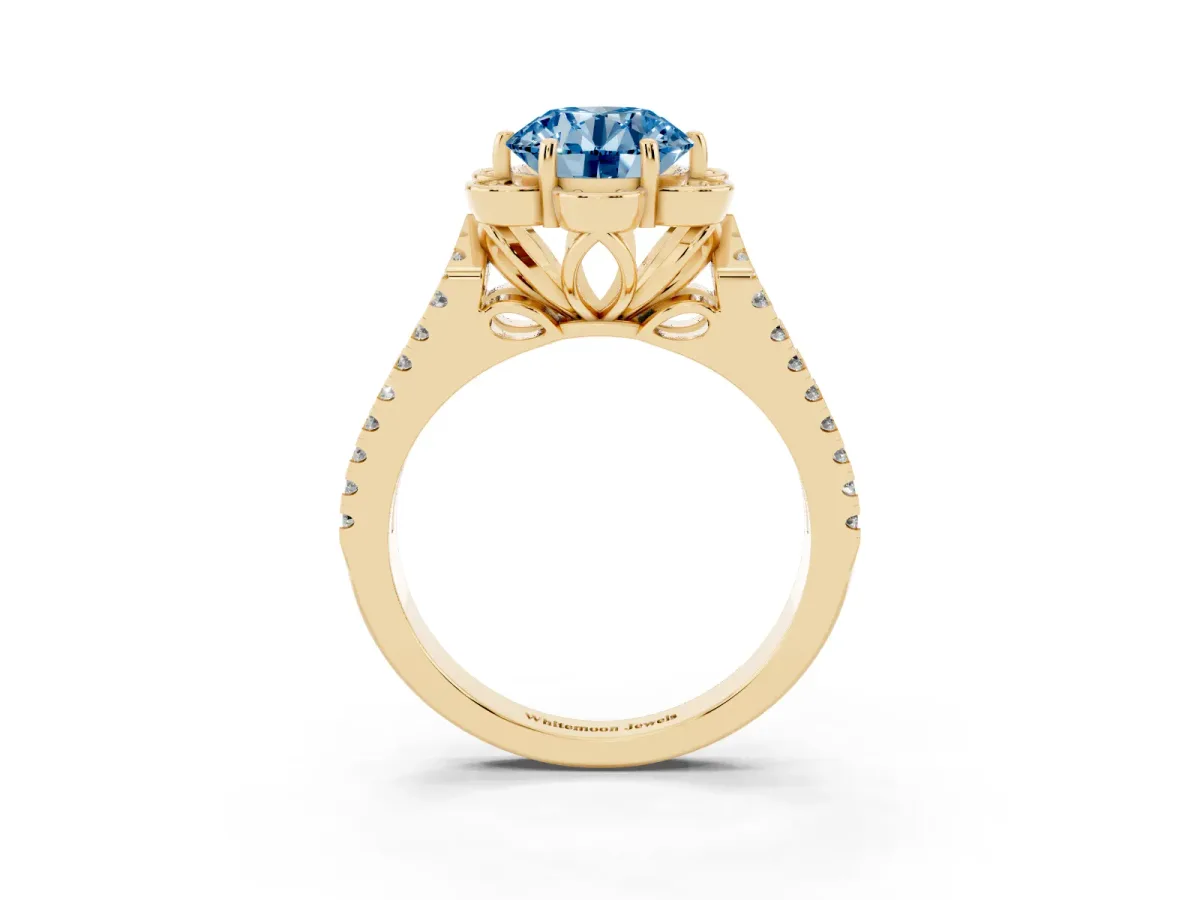 Fancy Blue Round Cut Halo Diamond Floral Split Shank Engagement Ring Yellow gold