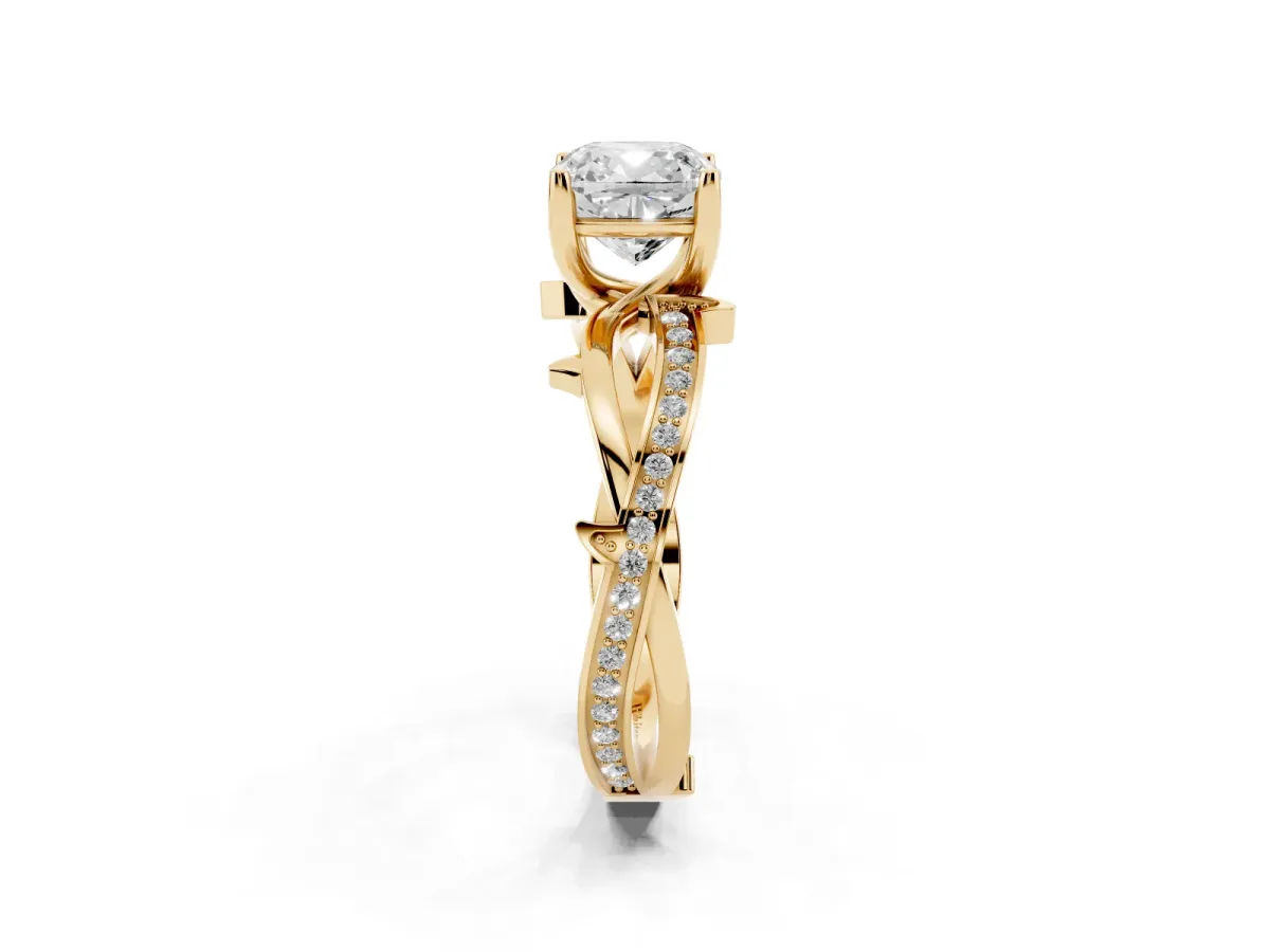 Cushion Cut Solitaire Twist Band with Pavé Accents and Four-Prong Setting Yellow gold