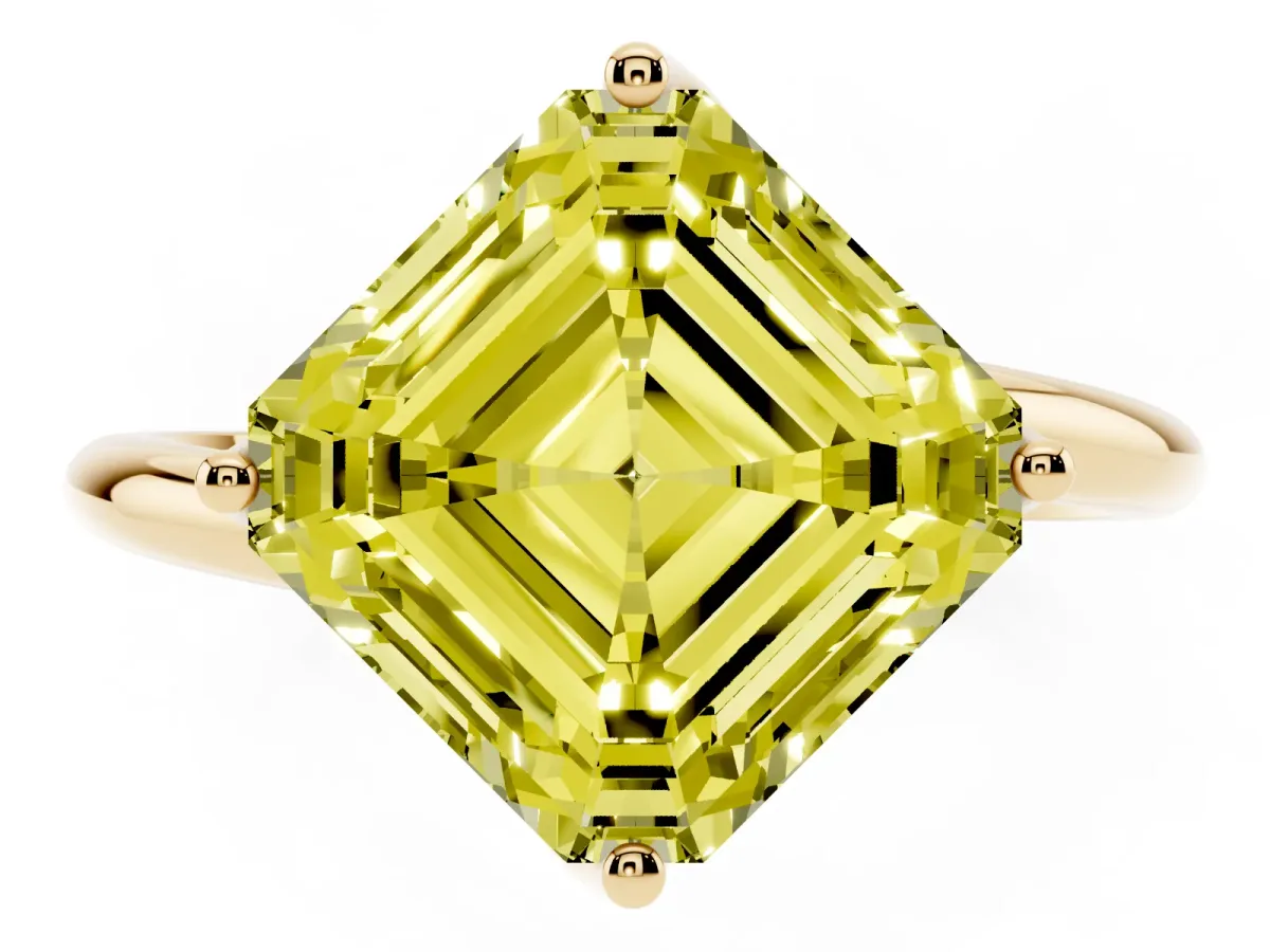 Fancy Yellow Asscher Cut Diamond Solitaire Engagement Ring with Four-Prong Setting and Classic Band Yellow gold