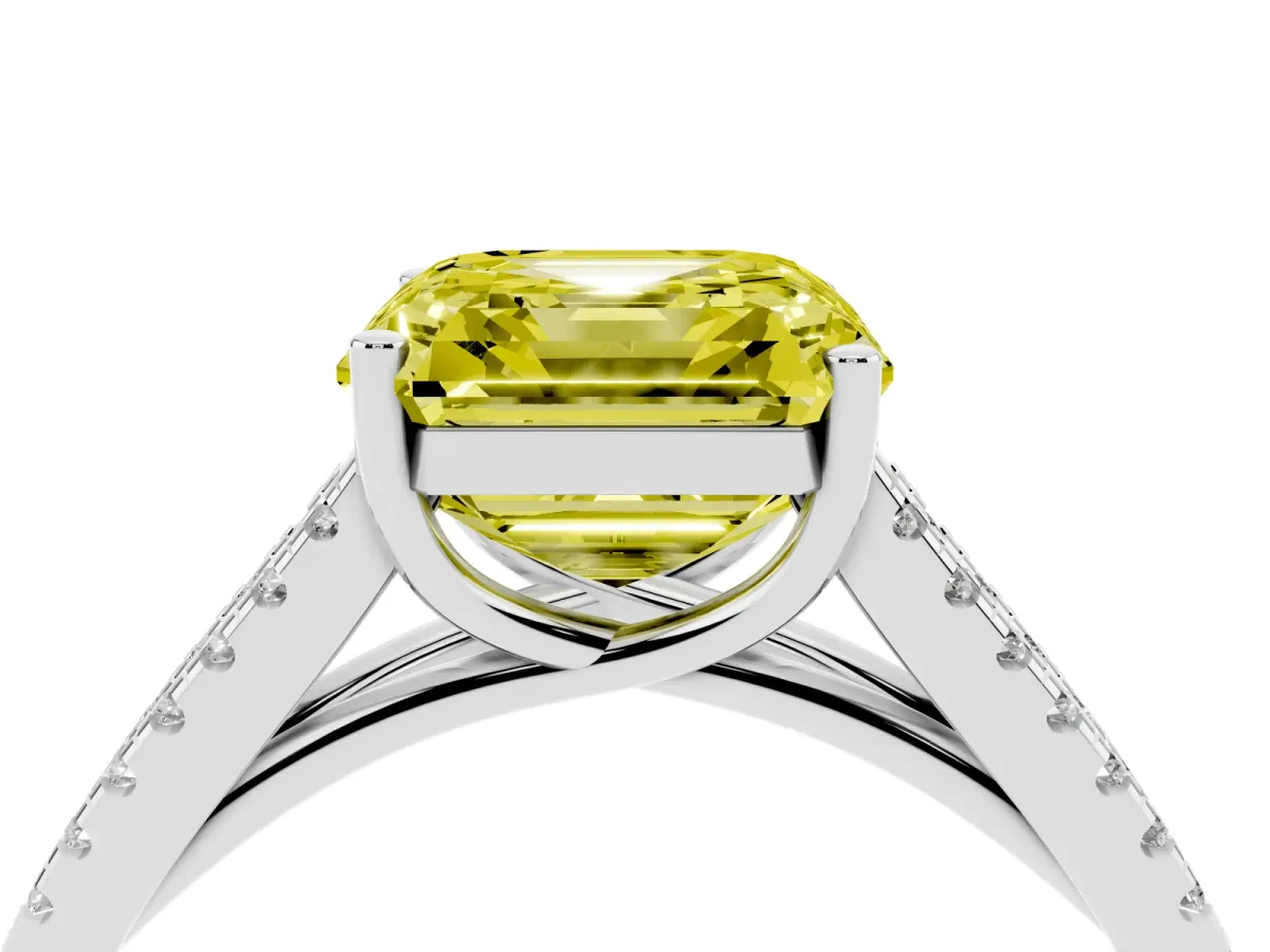 Fancy Yellow Asscher Cut Diamond Solitaire Engagement Ring with Split Shank Pavé Band Silver