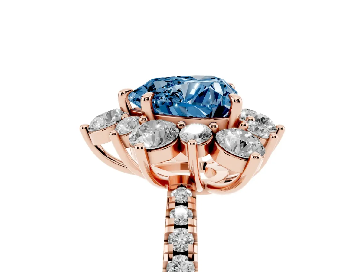 Fancy Blue Heart Cut Diamond Floral Halo Ring with Round Pavé Band and Prong Setting Rose gold