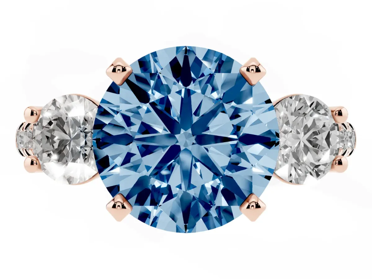Fancy Blue Three-Stone Round Cut Diamond Pavé Band with Four-Prong Setting Rose gold