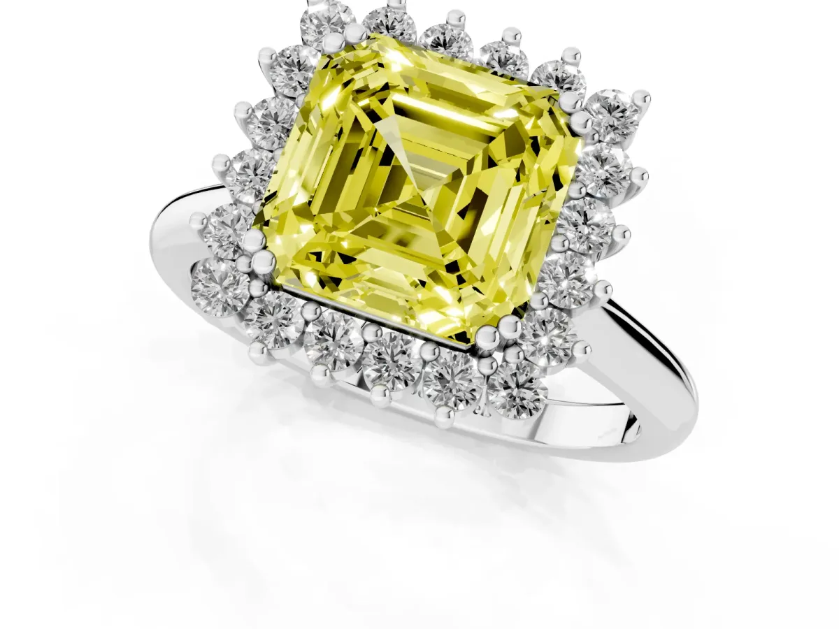 Fancy Yellow Asscher Cut Cut Diamond Halo Ring with Solitaire Band and Prong Setting White gold