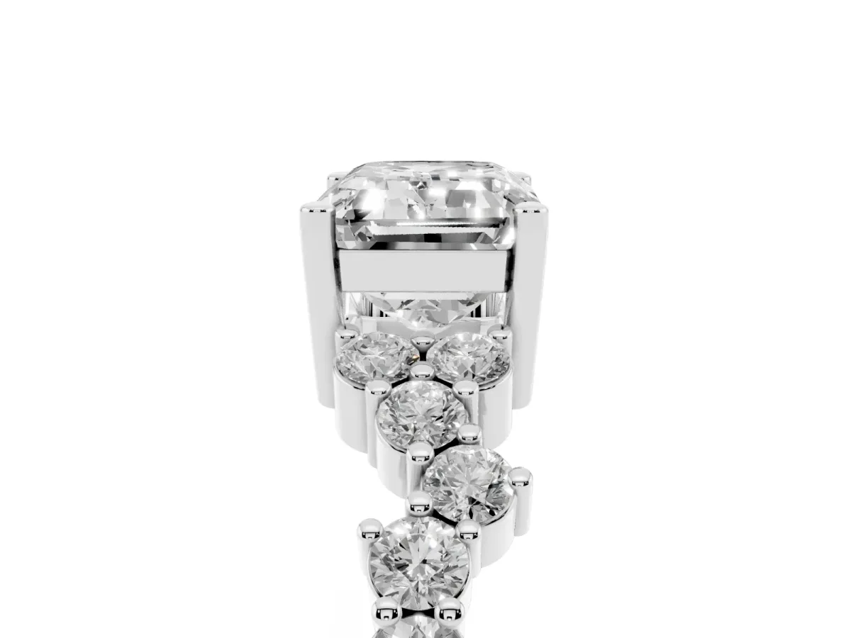 Emerald Cut Diamond Scattered Round Accent Ring with Prong Setting White gold