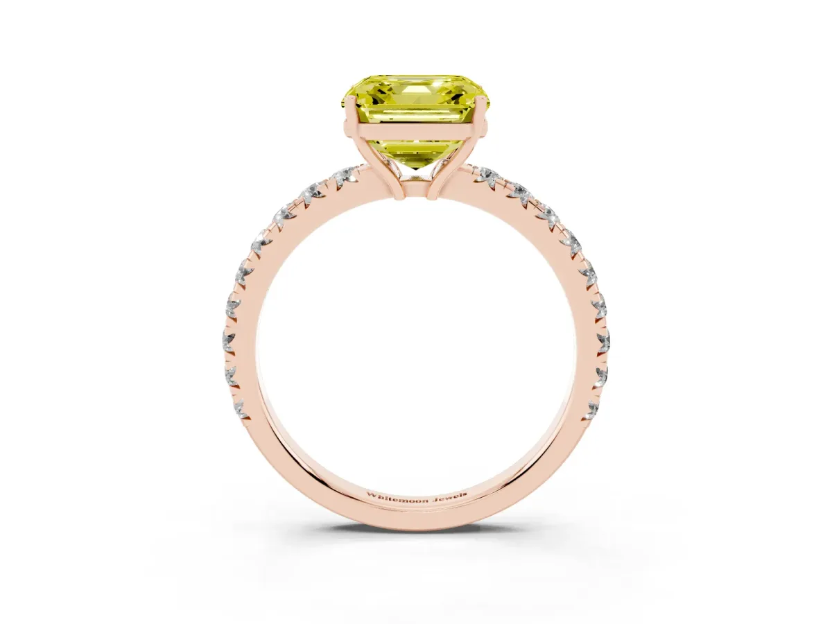Fancy Yellow Asscher Cut Diamond Pavé Solitaire Engagement Ring with Four-Prong Setting Rose gold