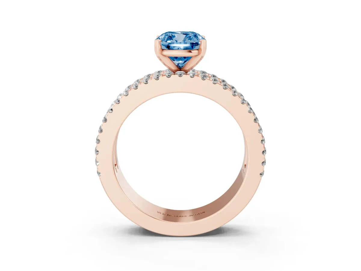 Fancy Blue Cushion Cut Diamond Solitaire Ring with Pavé and Channel Set Band Rose gold