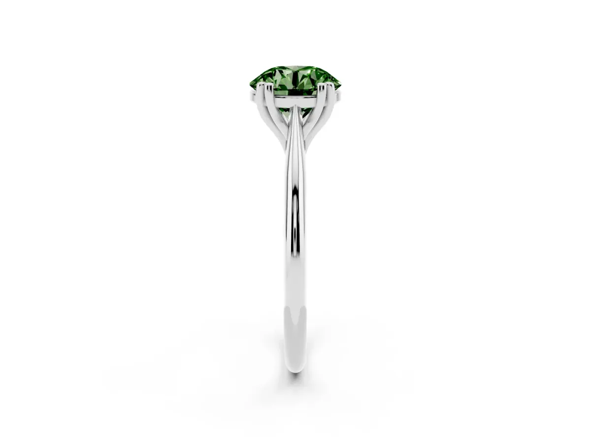 Fancy Green Round Cut Solitaire Diamond Ring with Six-Prong Setting and Classic Band Silver