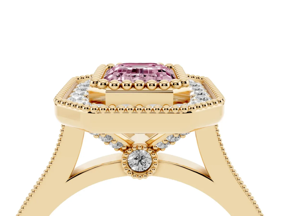 Fancy Pink Emerald Cut Diamond Halo Ring with Milgrain Frame and Pavé Band Yellow gold