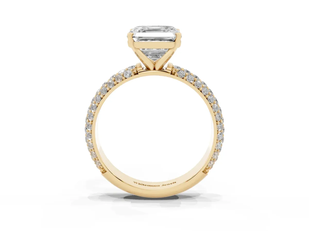Asscher Cut Diamond Solitaire Ring with Prong Setting and Pavé Band Yellow gold