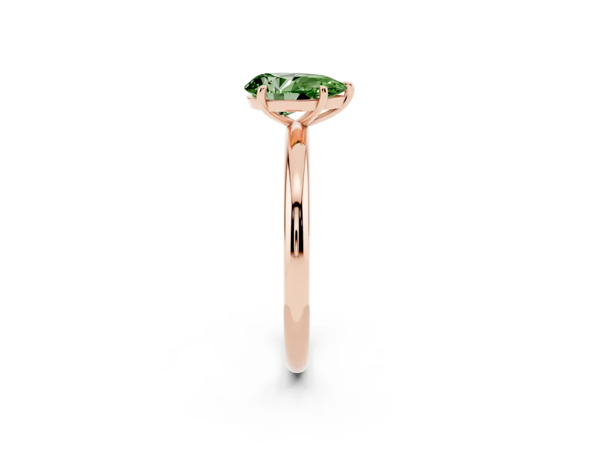 Fancy Green Pear Cut Solitaire Diamond Ring with Four-Prong Setting on a Plain Band Rose gold