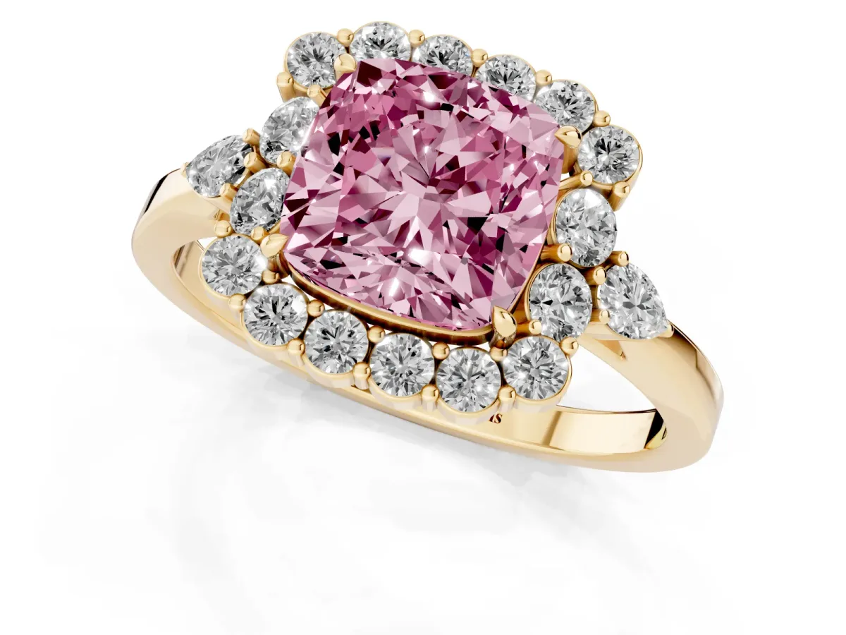 Fancy Pink Cushion Cut Diamond Halo Ring with Pear Side Stones and Prong Setting Yellow gold