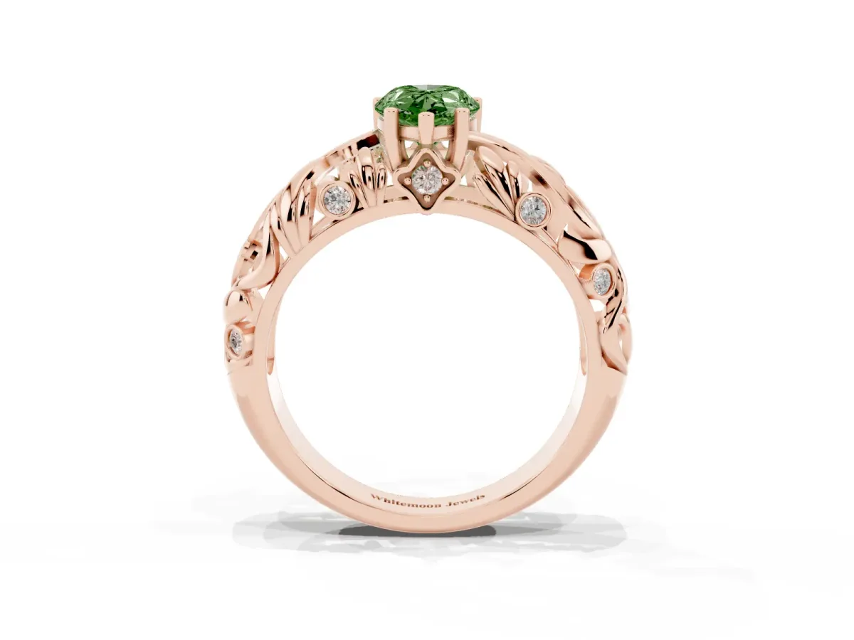 Fancy Green Pear Cut Solitaire Diamond Leaf-Inspired Vine Band Ring with Prong Setting Rose gold