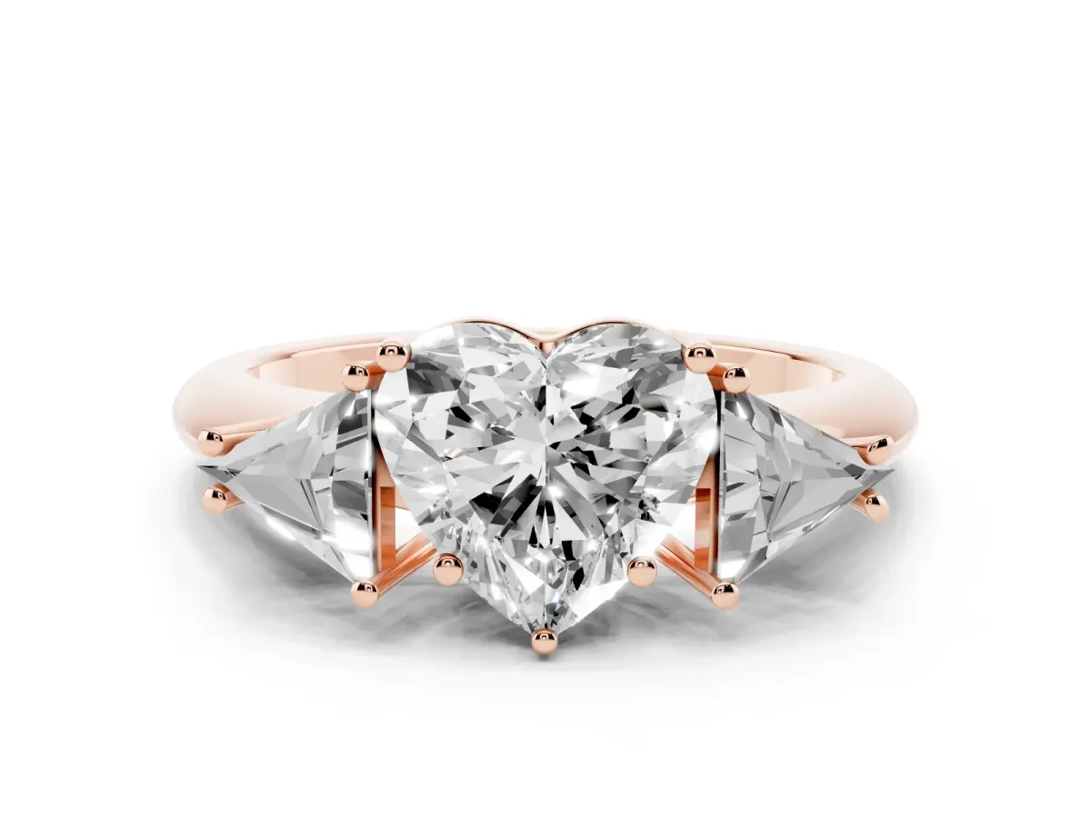 Three-Stone Heart Cut Diamond Engagement Ring with Trillion Side Stones and Prong Setting Rose gold