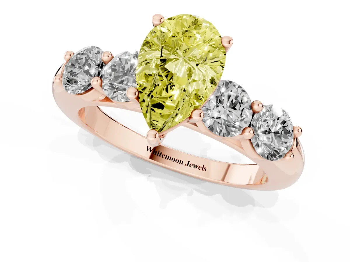 Fancy Yellow Pear Cut Cut Five-Stone Prong Set Diamond Ring with Classic Band Rose gold