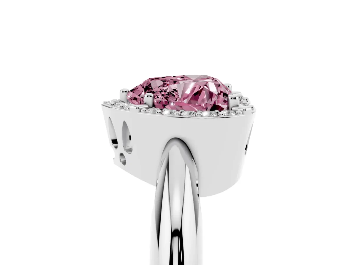 Fancy Pink Heart Cut Cut Diamond Halo Engagement Ring with Split Shank and Four-Prong Setting Platinum